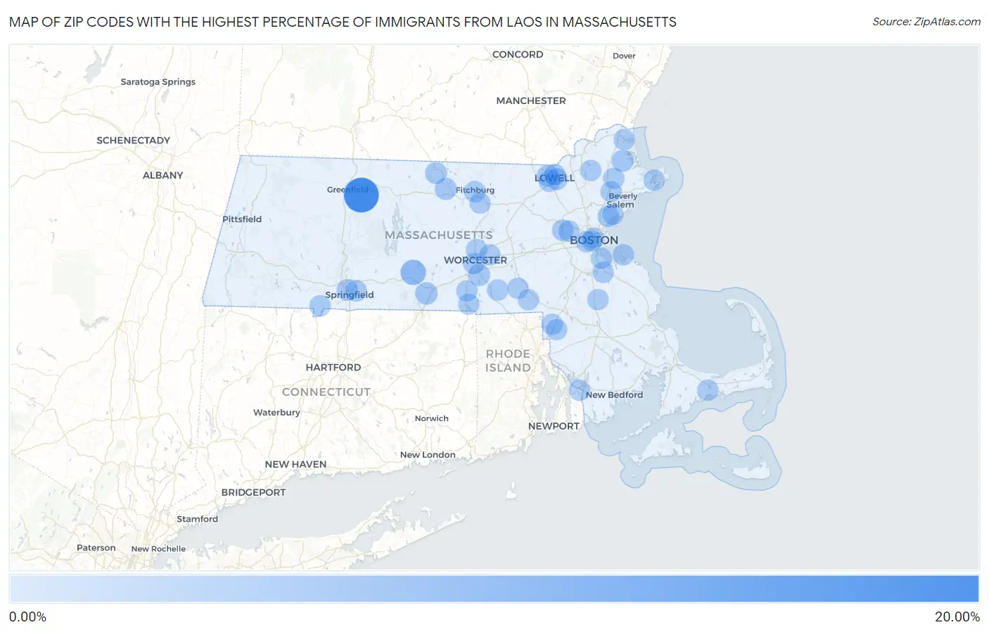 Zip Codes with the Highest Percentage of Immigrants from Laos in Massachusetts Map
