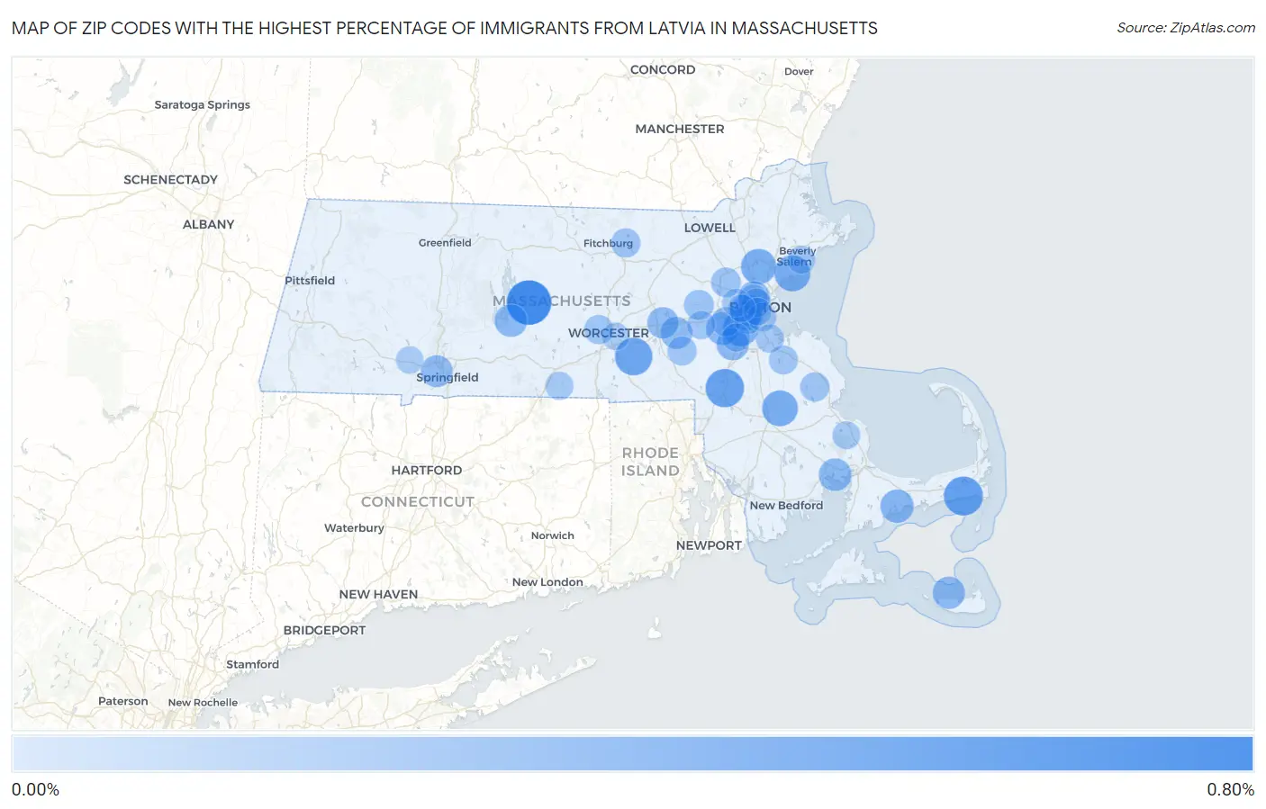 Zip Codes with the Highest Percentage of Immigrants from Latvia in Massachusetts Map