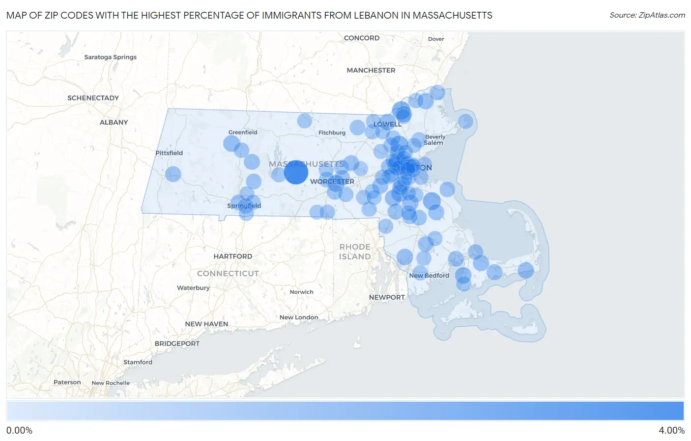 Zip Codes with the Highest Percentage of Immigrants from Lebanon in Massachusetts Map
