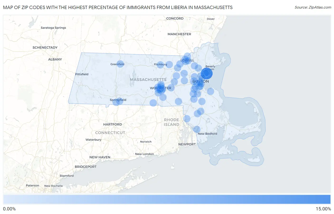 Zip Codes with the Highest Percentage of Immigrants from Liberia in Massachusetts Map
