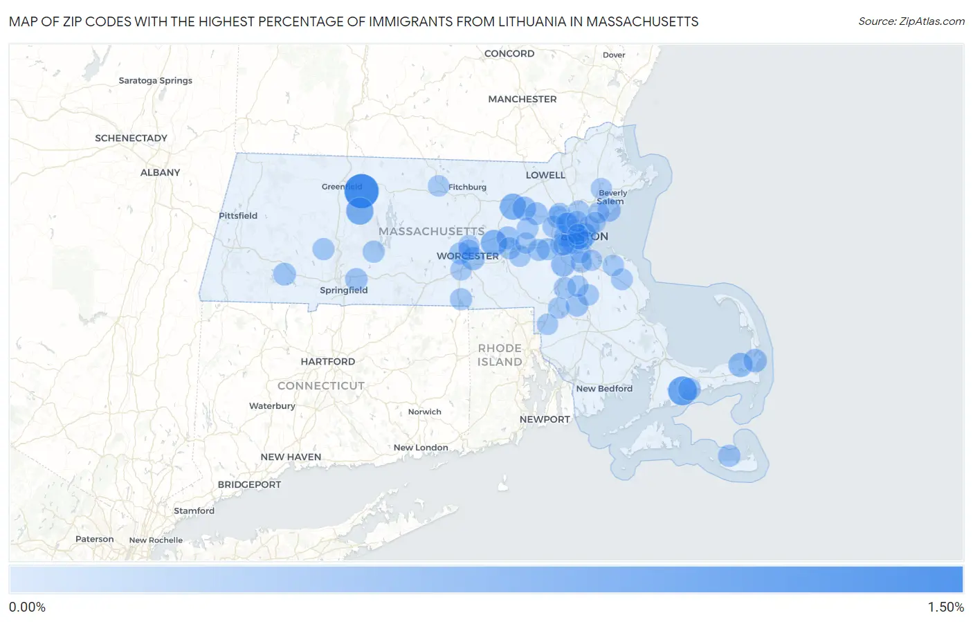 Zip Codes with the Highest Percentage of Immigrants from Lithuania in Massachusetts Map