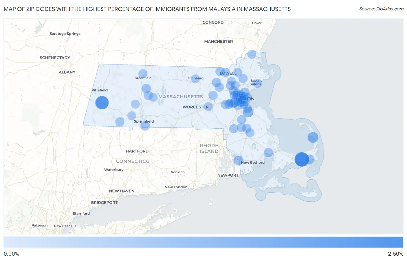 Zip Codes with the Highest Percentage of Immigrants from Malaysia in Massachusetts Map