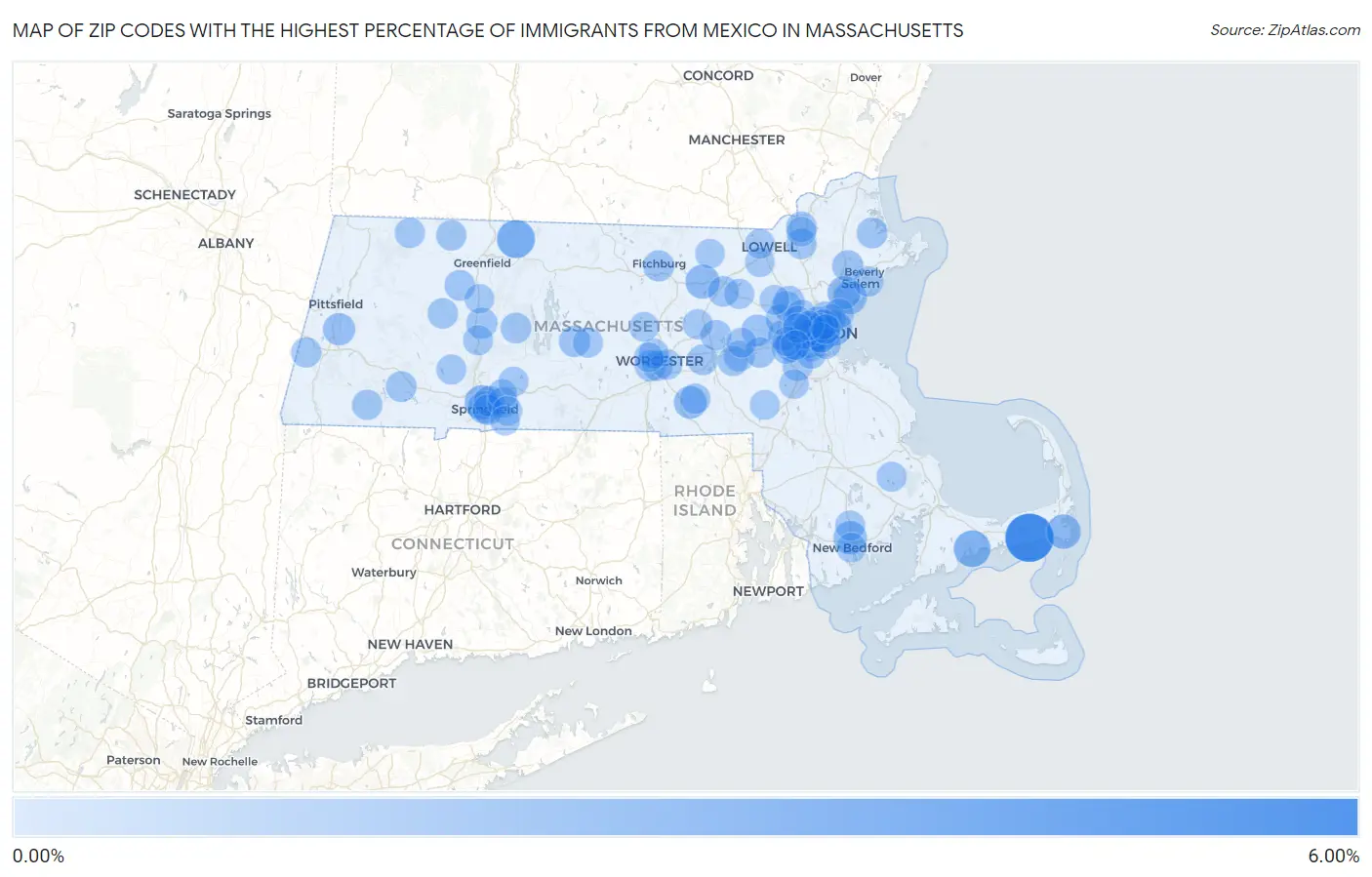 Zip Codes with the Highest Percentage of Immigrants from Mexico in Massachusetts Map