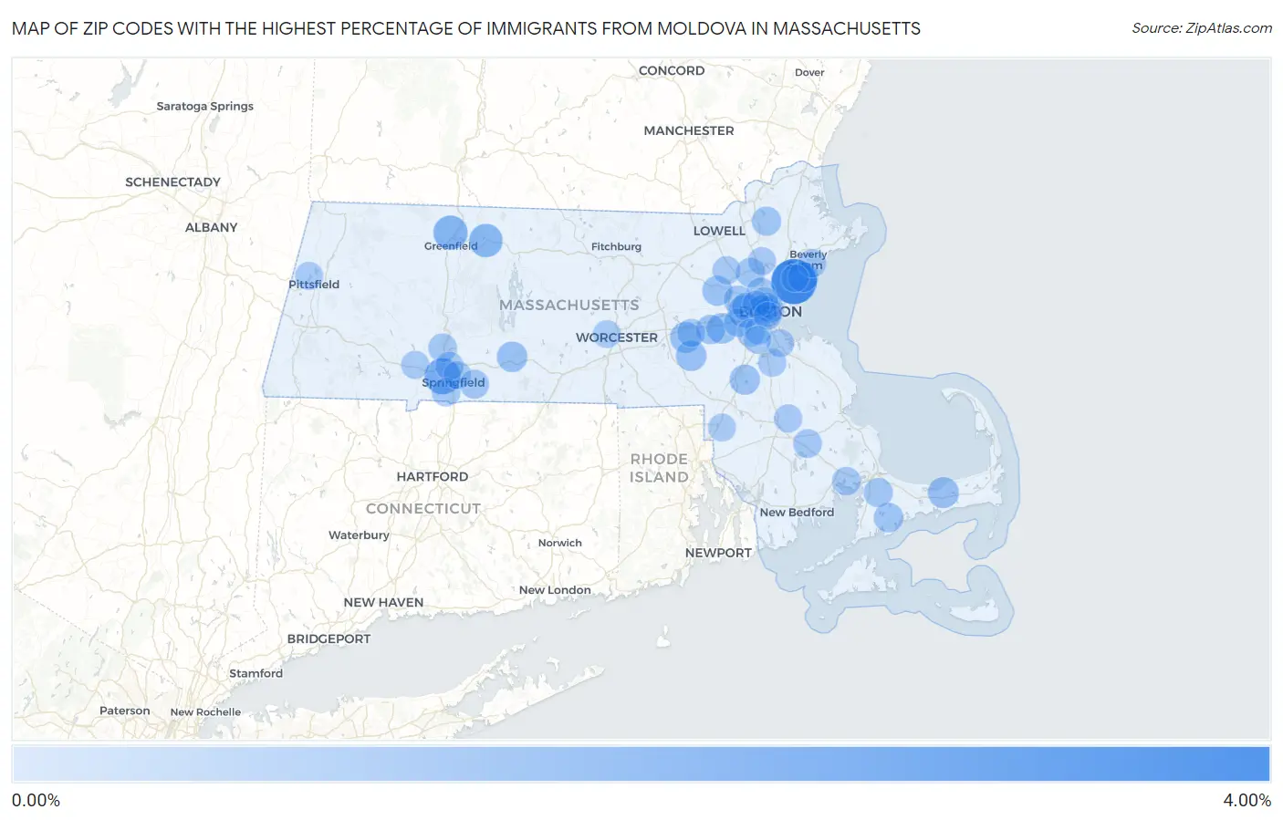 Zip Codes with the Highest Percentage of Immigrants from Moldova in Massachusetts Map