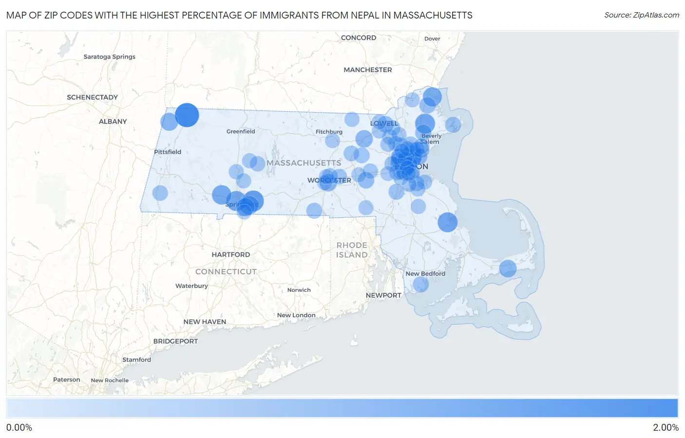 Zip Codes with the Highest Percentage of Immigrants from Nepal in Massachusetts Map