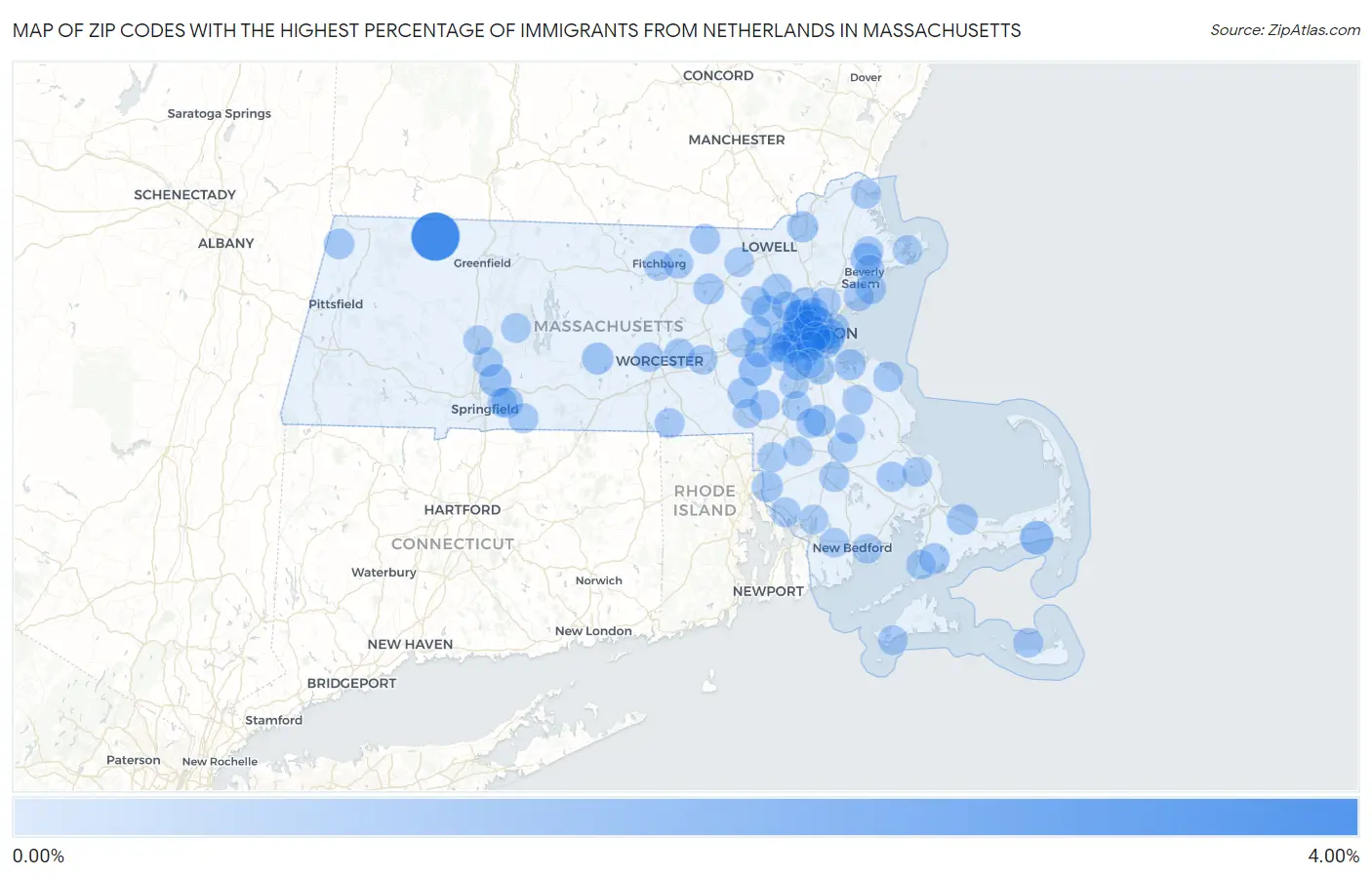 Zip Codes with the Highest Percentage of Immigrants from Netherlands in Massachusetts Map