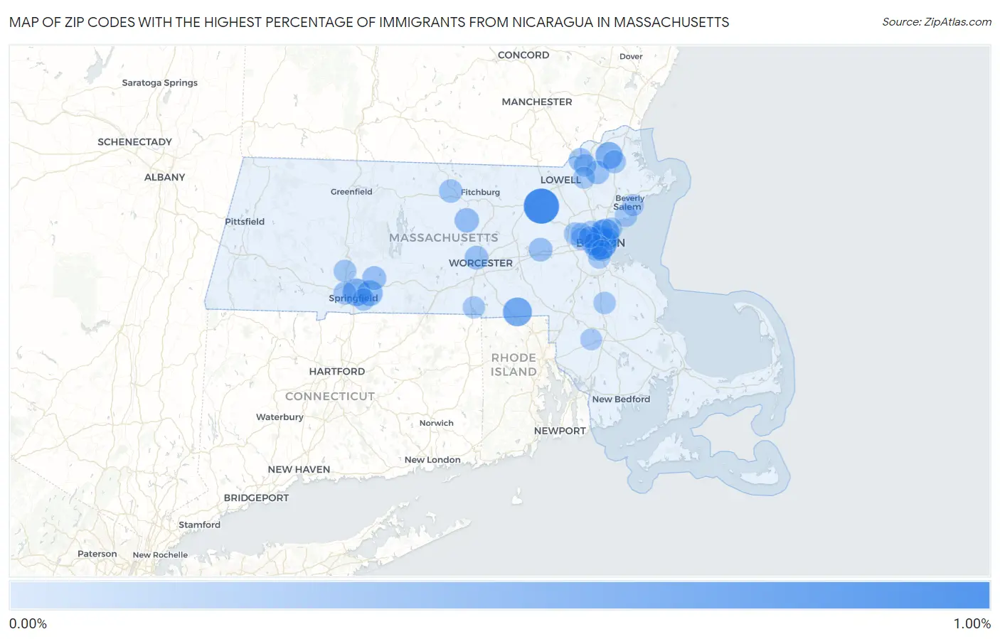 Zip Codes with the Highest Percentage of Immigrants from Nicaragua in Massachusetts Map