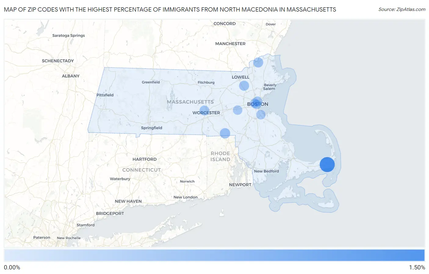 Zip Codes with the Highest Percentage of Immigrants from North Macedonia in Massachusetts Map
