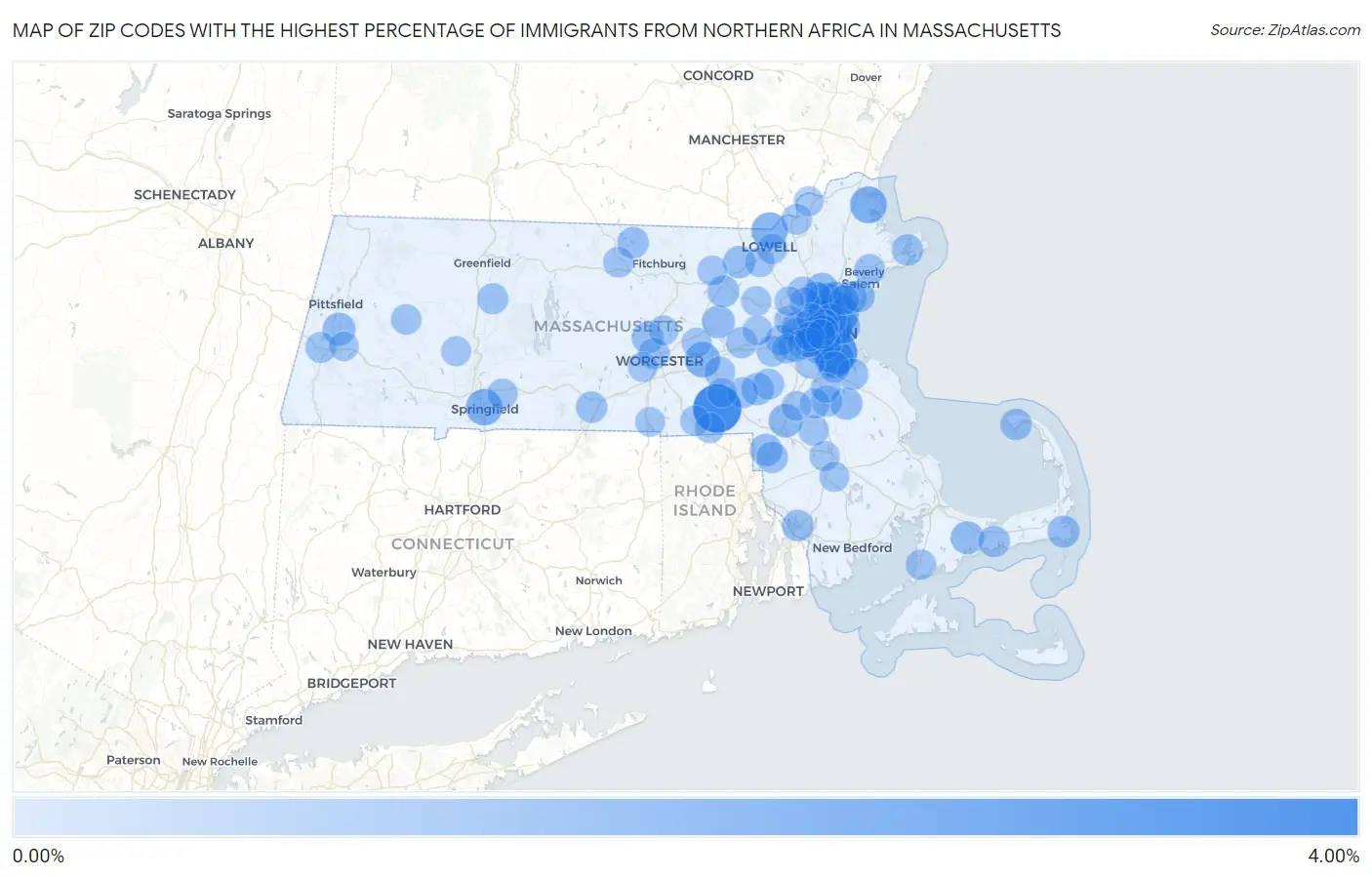 Zip Codes with the Highest Percentage of Immigrants from Northern Africa in Massachusetts Map