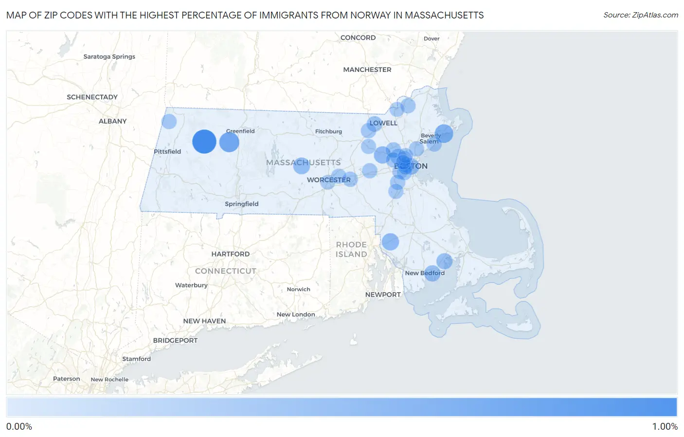 Zip Codes with the Highest Percentage of Immigrants from Norway in Massachusetts Map