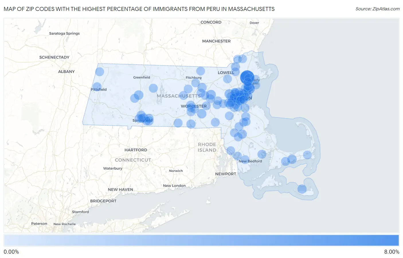 Zip Codes with the Highest Percentage of Immigrants from Peru in Massachusetts Map