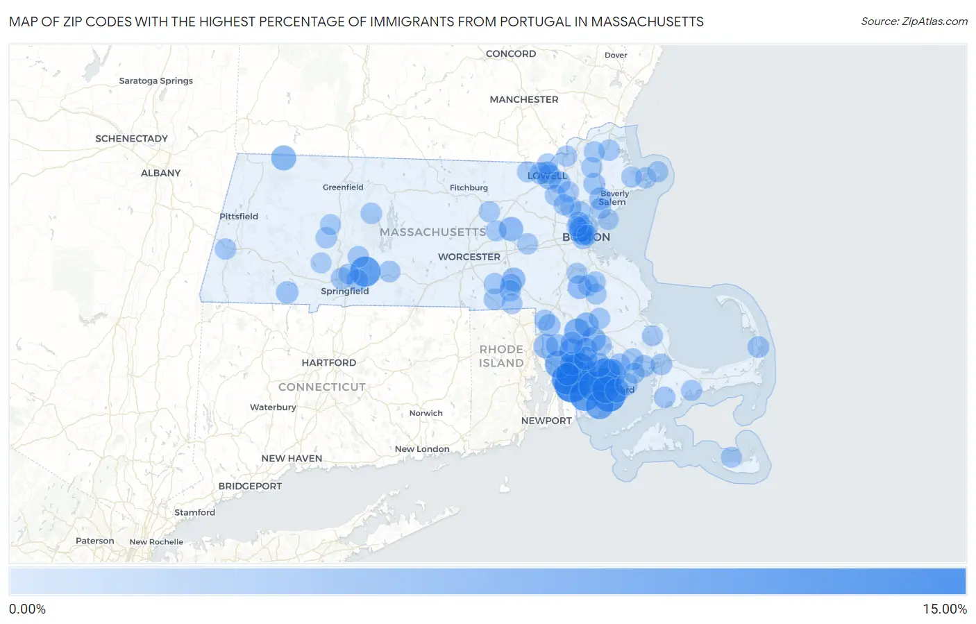 Zip Codes with the Highest Percentage of Immigrants from Portugal in Massachusetts Map