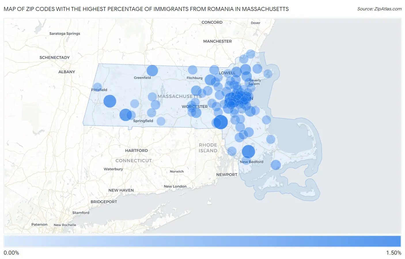 Zip Codes with the Highest Percentage of Immigrants from Romania in Massachusetts Map