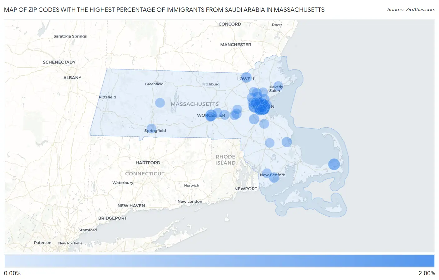 Zip Codes with the Highest Percentage of Immigrants from Saudi Arabia in Massachusetts Map