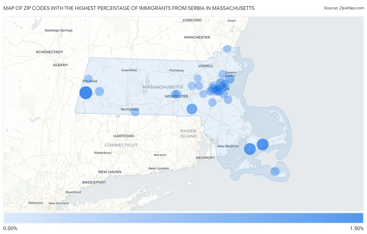 Zip Codes with the Highest Percentage of Immigrants from Serbia in Massachusetts Map