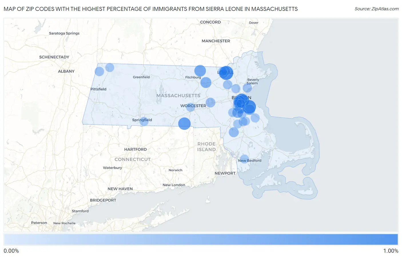 Zip Codes with the Highest Percentage of Immigrants from Sierra Leone in Massachusetts Map