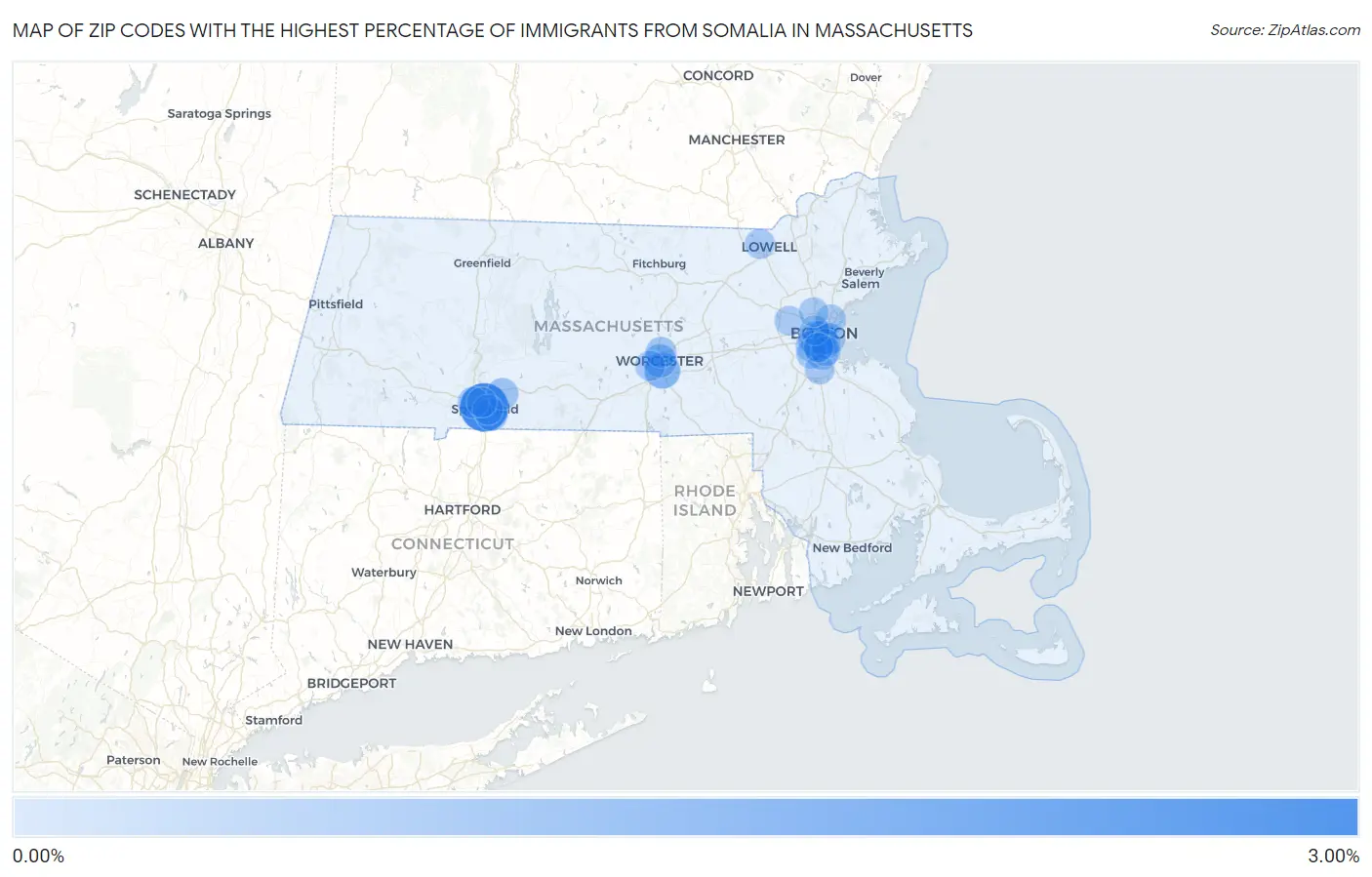 Zip Codes with the Highest Percentage of Immigrants from Somalia in Massachusetts Map