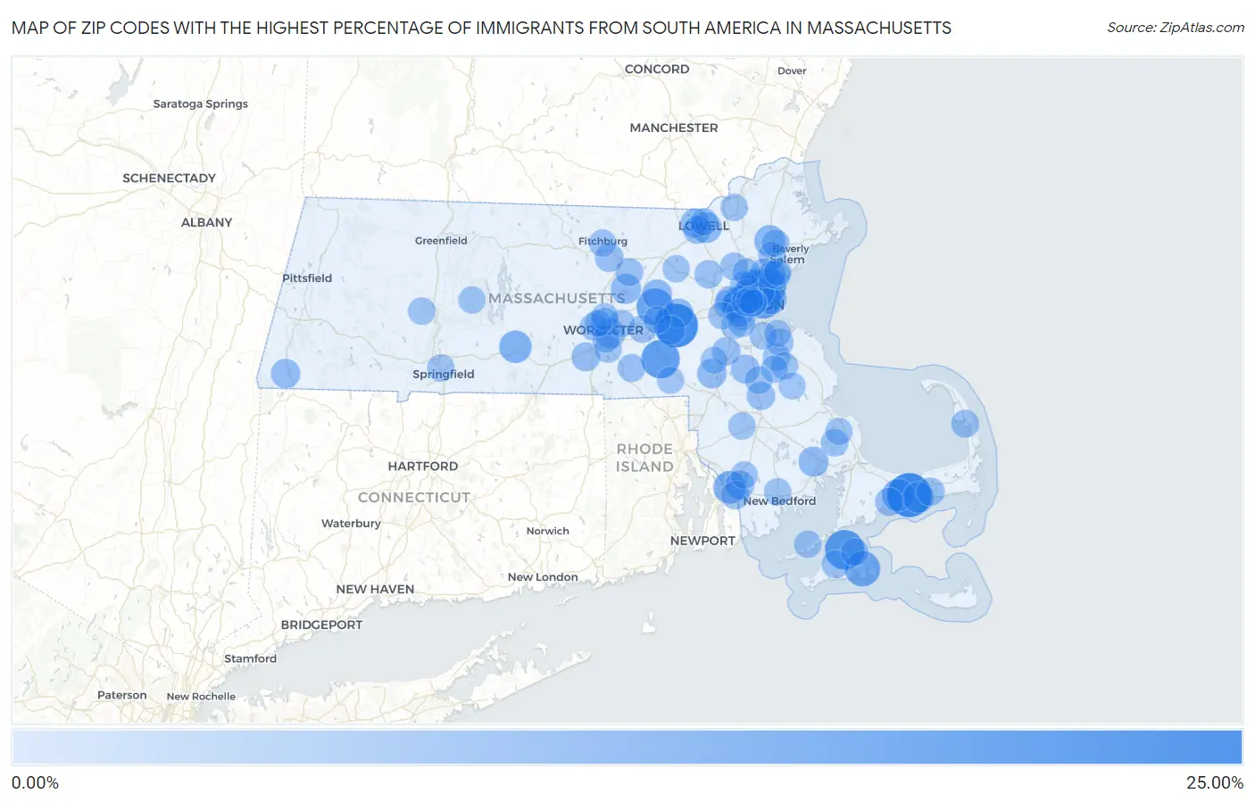 Zip Codes with the Highest Percentage of Immigrants from South America in Massachusetts Map
