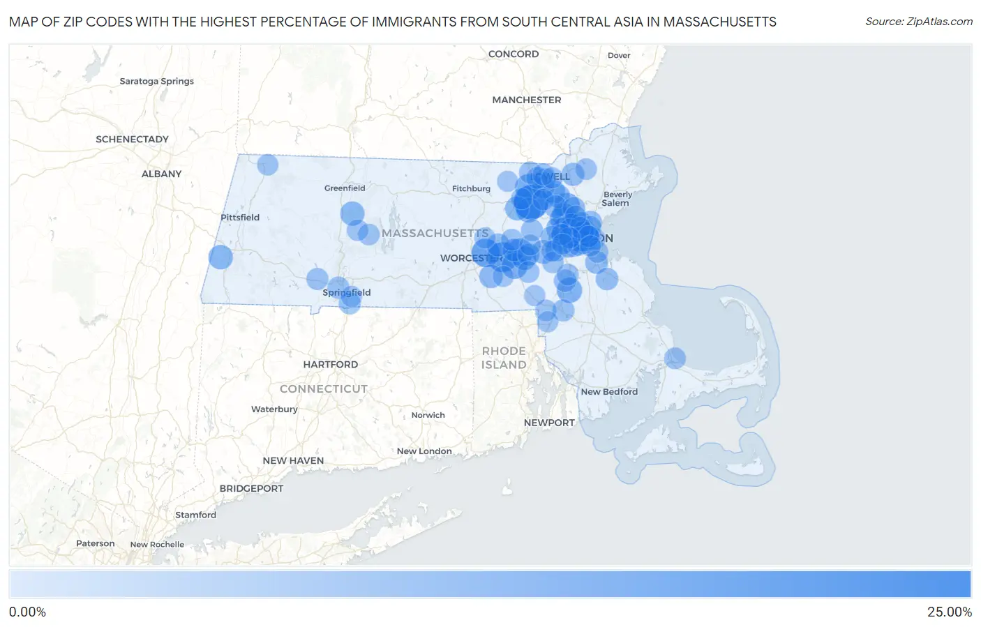 Zip Codes with the Highest Percentage of Immigrants from South Central Asia in Massachusetts Map