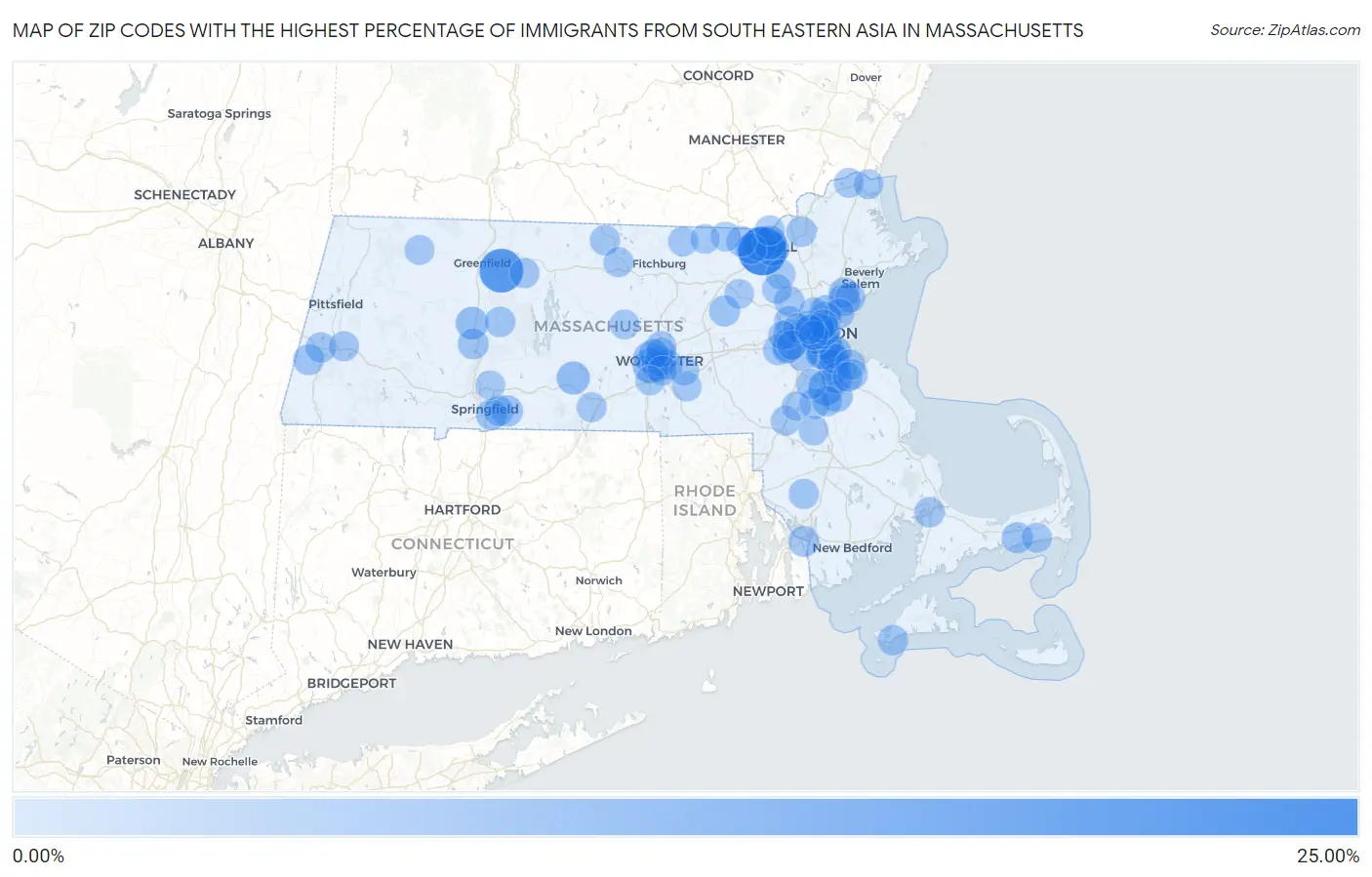 Zip Codes with the Highest Percentage of Immigrants from South Eastern Asia in Massachusetts Map