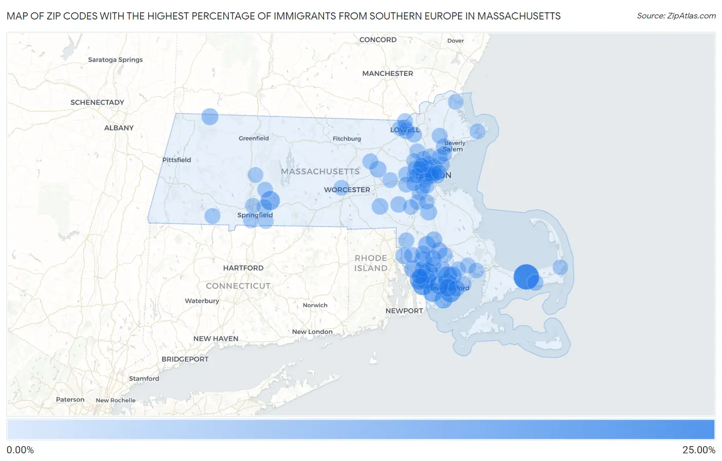 Zip Codes with the Highest Percentage of Immigrants from Southern Europe in Massachusetts Map