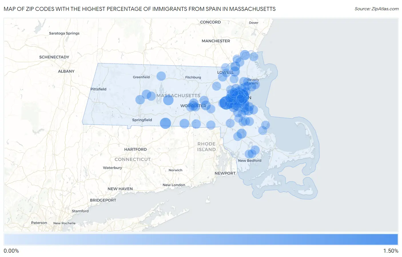 Zip Codes with the Highest Percentage of Immigrants from Spain in Massachusetts Map