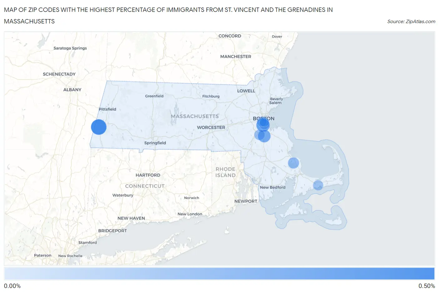 Zip Codes with the Highest Percentage of Immigrants from St. Vincent and the Grenadines in Massachusetts Map