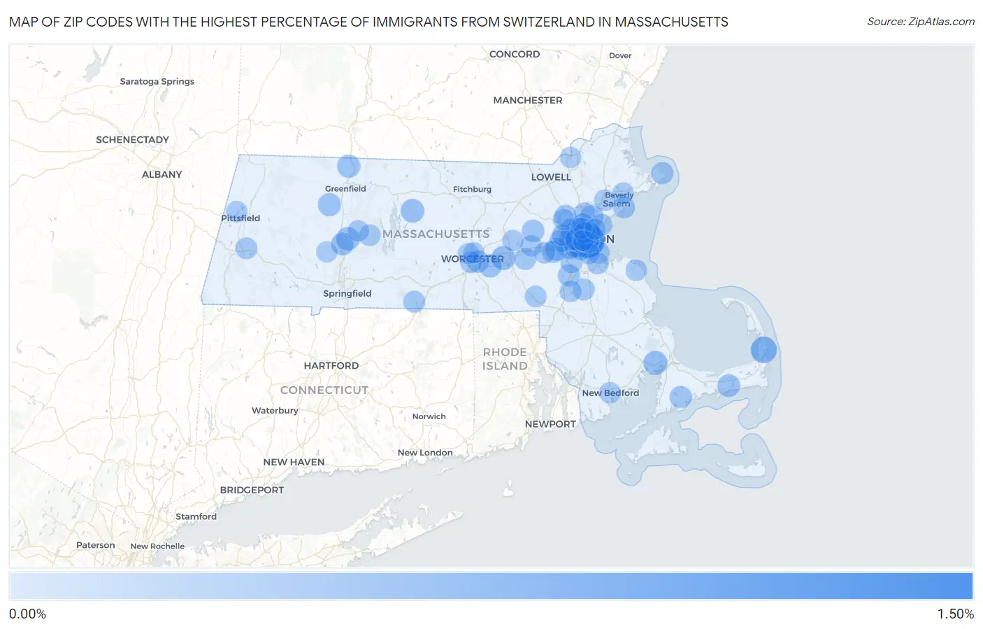 Zip Codes with the Highest Percentage of Immigrants from Switzerland in Massachusetts Map