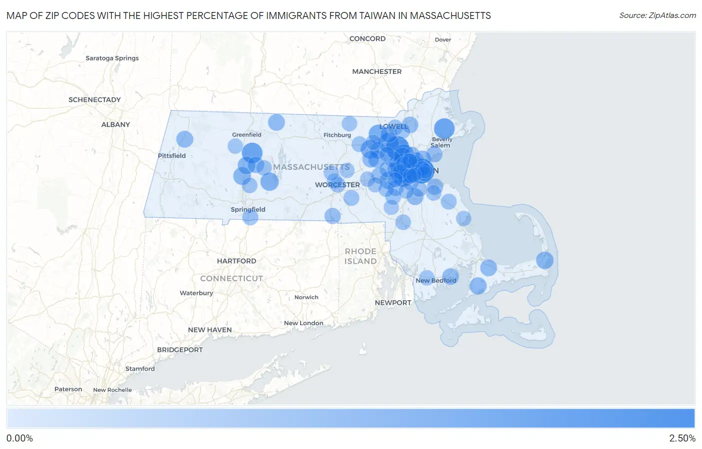 Zip Codes with the Highest Percentage of Immigrants from Taiwan in Massachusetts Map