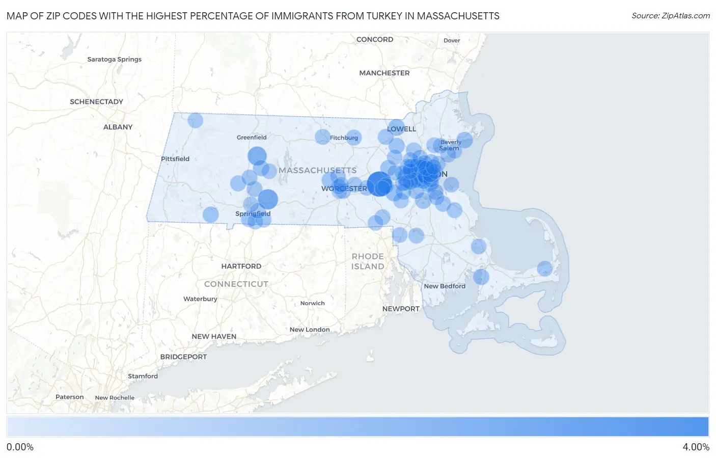 Zip Codes with the Highest Percentage of Immigrants from Turkey in Massachusetts Map