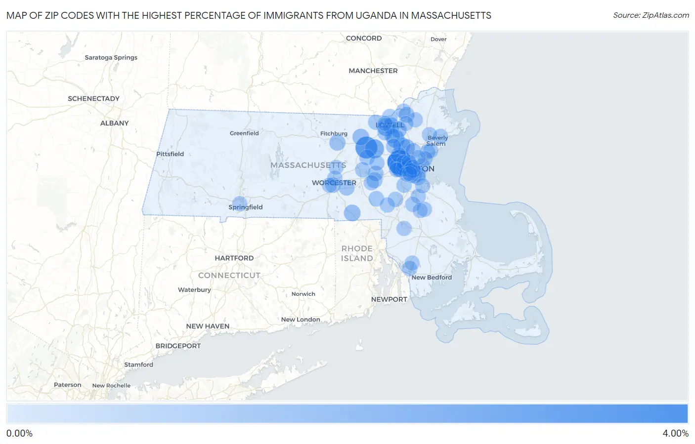 Zip Codes with the Highest Percentage of Immigrants from Uganda in Massachusetts Map