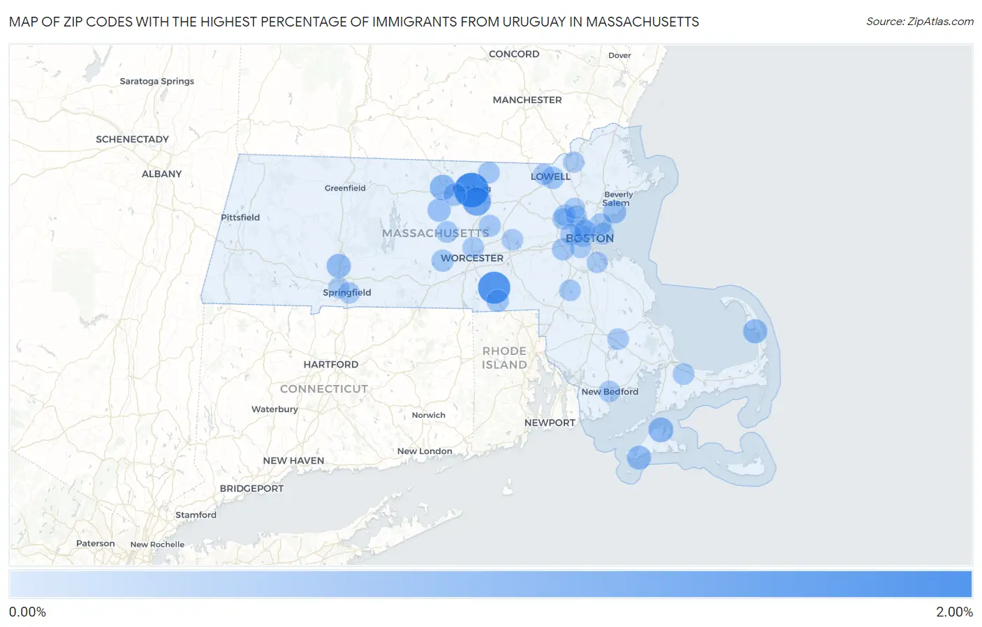 Zip Codes with the Highest Percentage of Immigrants from Uruguay in Massachusetts Map
