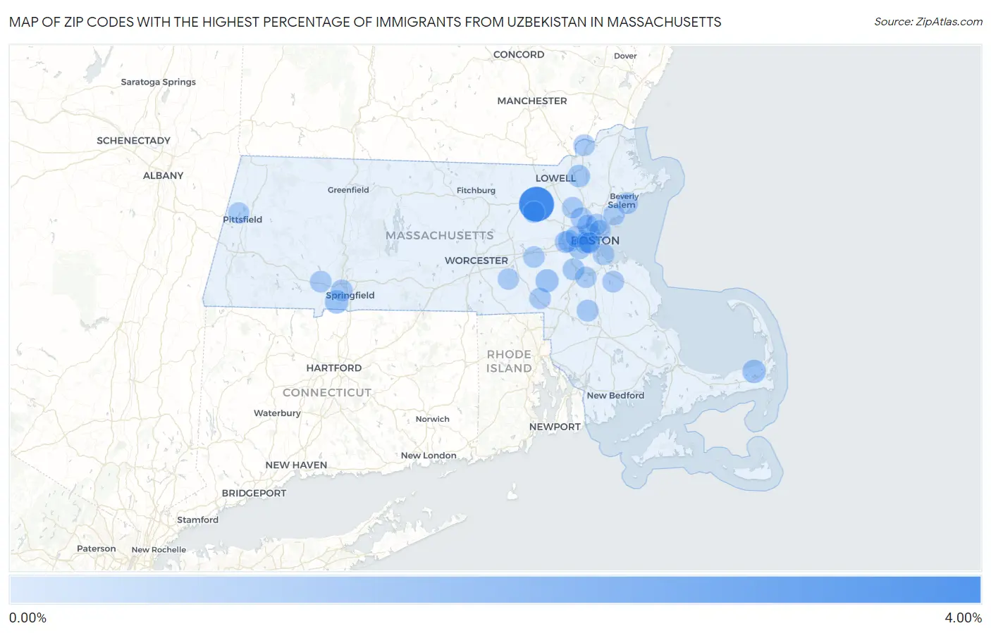 Zip Codes with the Highest Percentage of Immigrants from Uzbekistan in Massachusetts Map