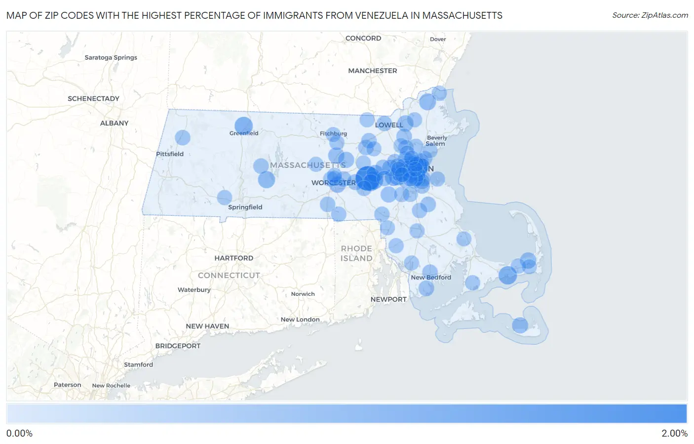 Zip Codes with the Highest Percentage of Immigrants from Venezuela in Massachusetts Map