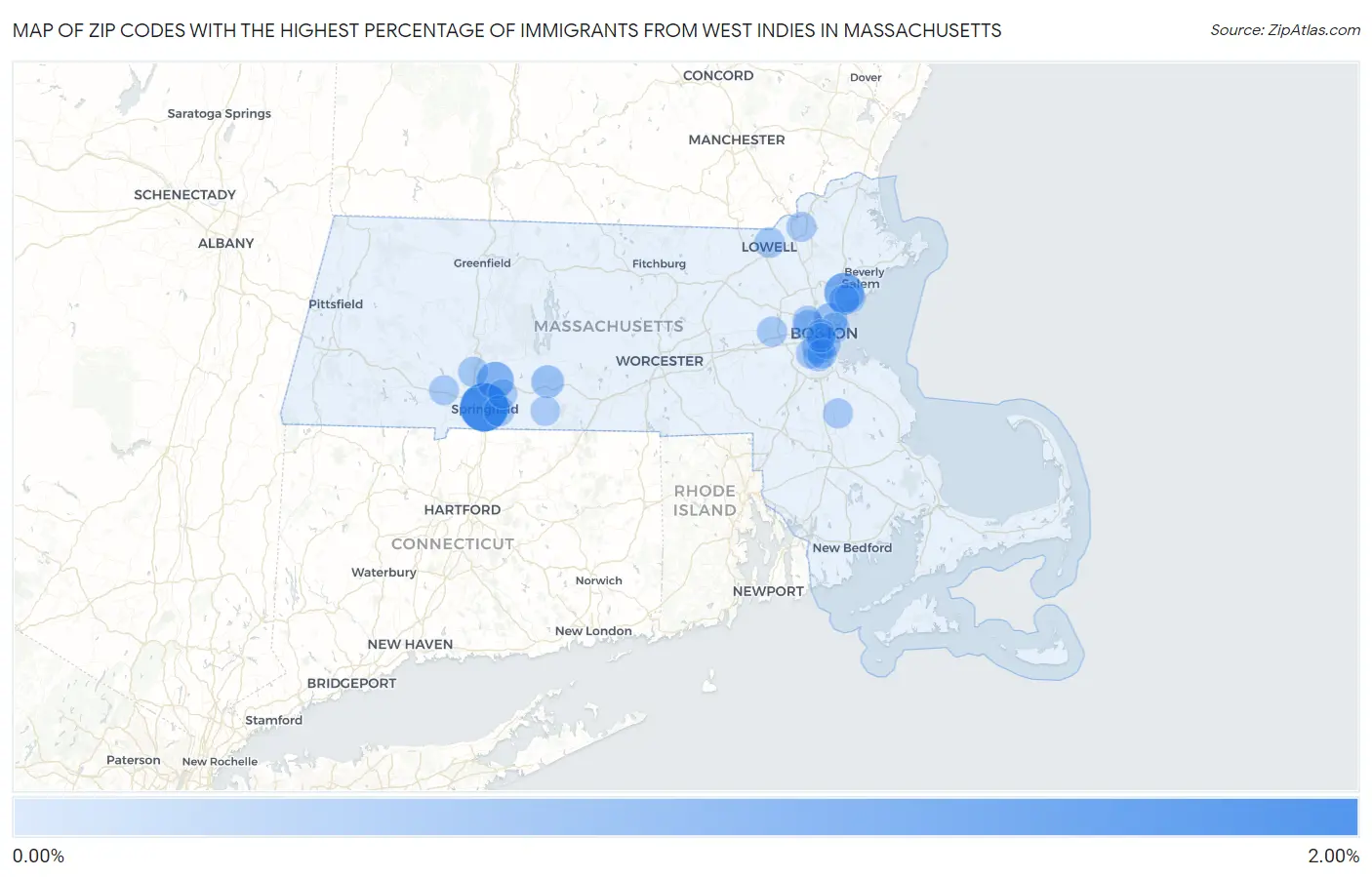 Zip Codes with the Highest Percentage of Immigrants from West Indies in Massachusetts Map