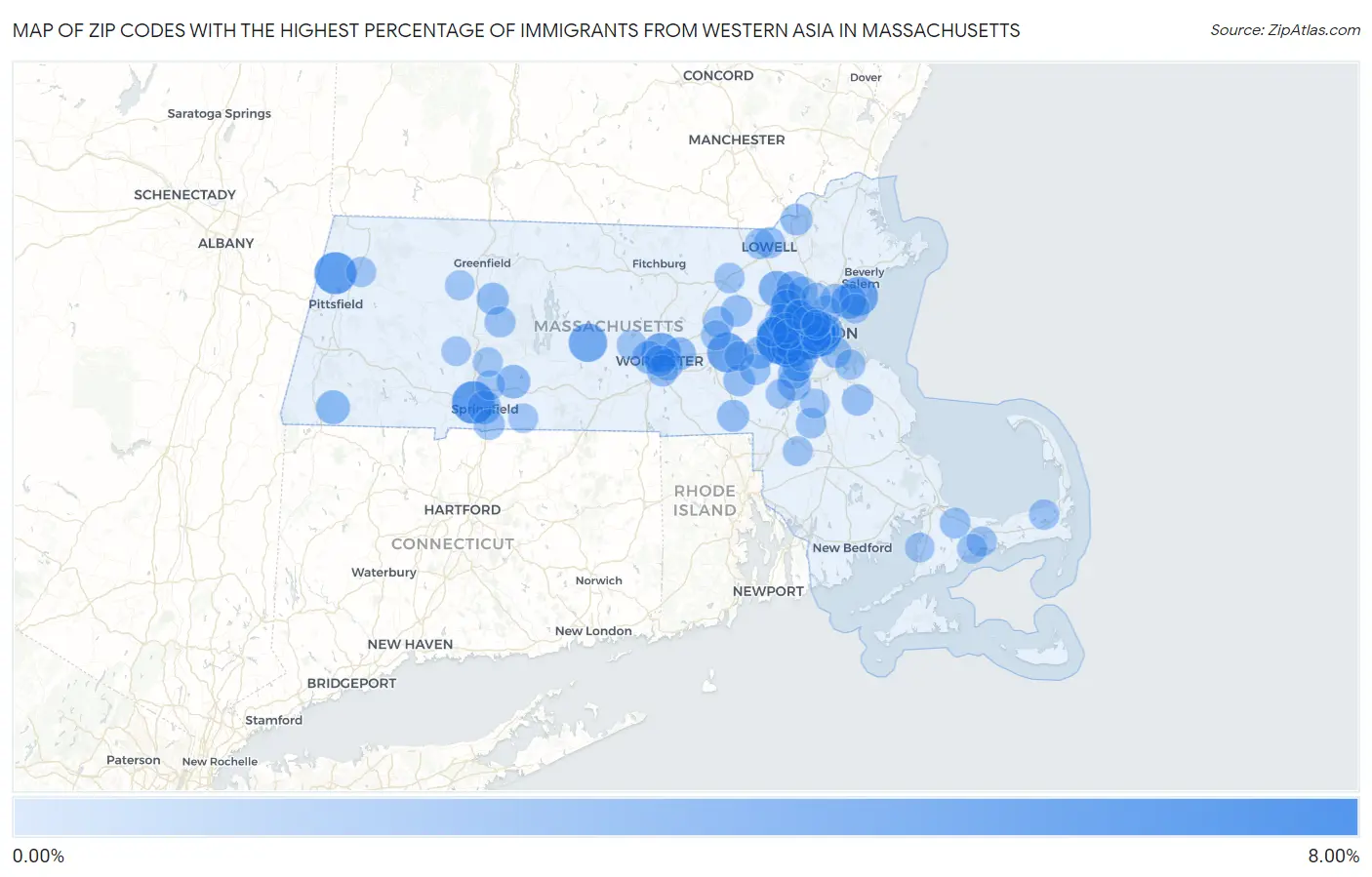 Zip Codes with the Highest Percentage of Immigrants from Western Asia in Massachusetts Map