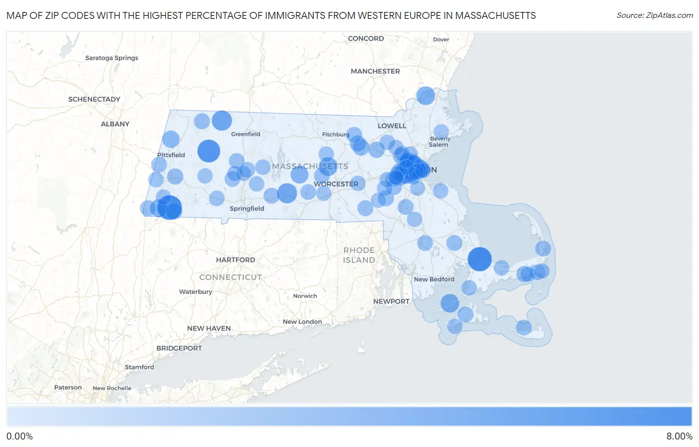 Zip Codes with the Highest Percentage of Immigrants from Western Europe in Massachusetts Map