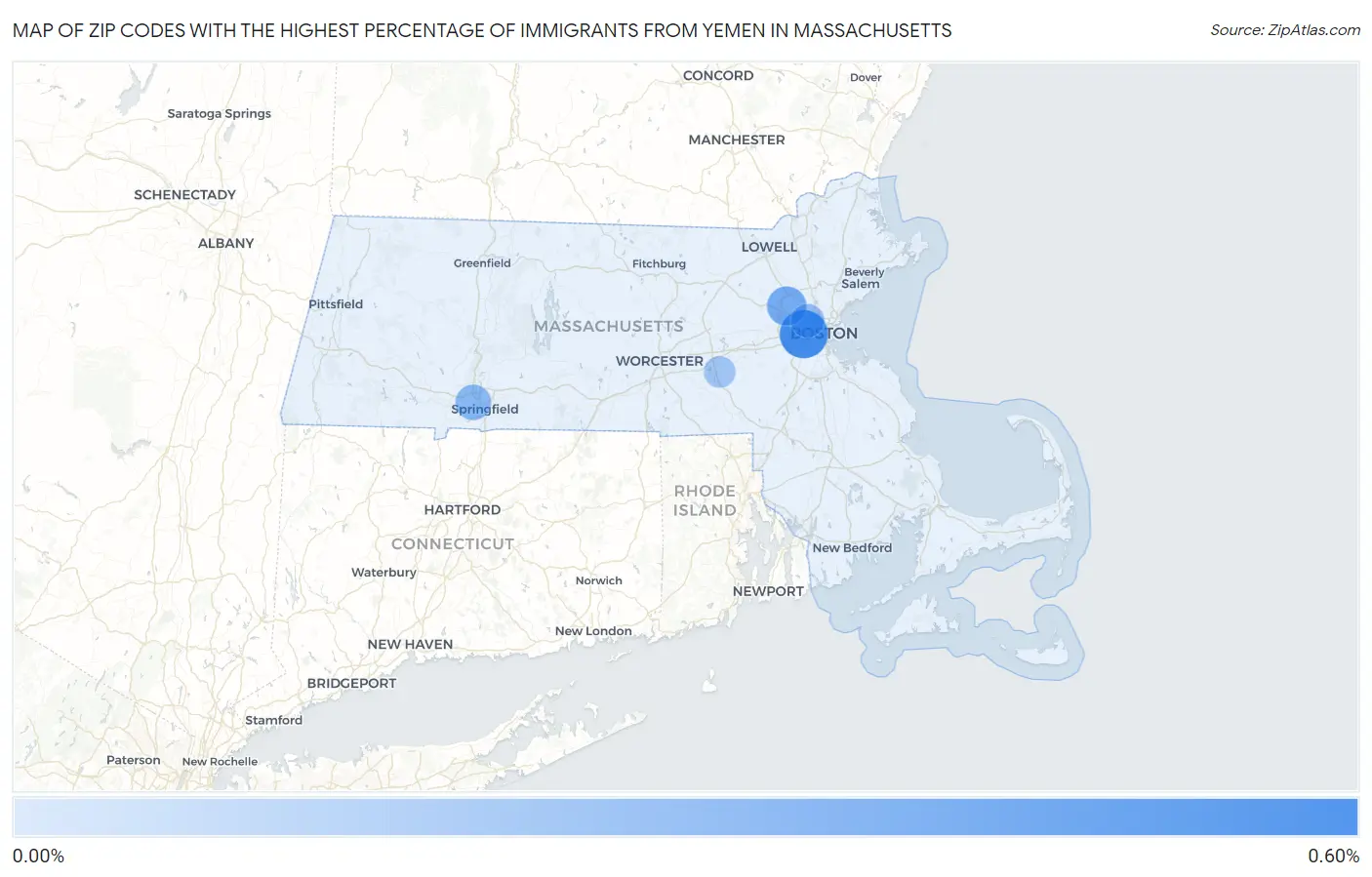 Zip Codes with the Highest Percentage of Immigrants from Yemen in Massachusetts Map