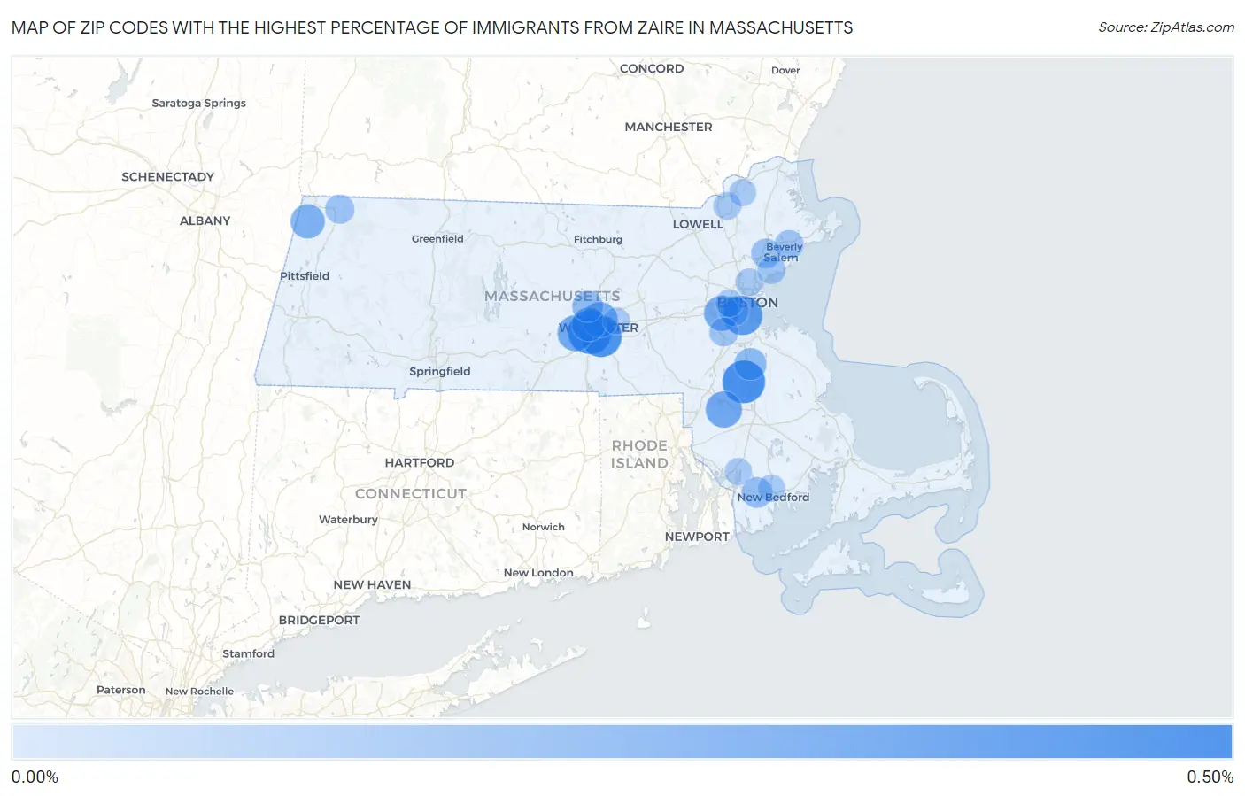 Zip Codes with the Highest Percentage of Immigrants from Zaire in Massachusetts Map