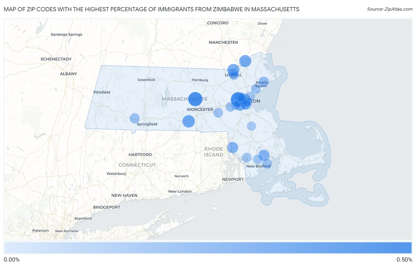 Zip Codes with the Highest Percentage of Immigrants from Zimbabwe in Massachusetts Map