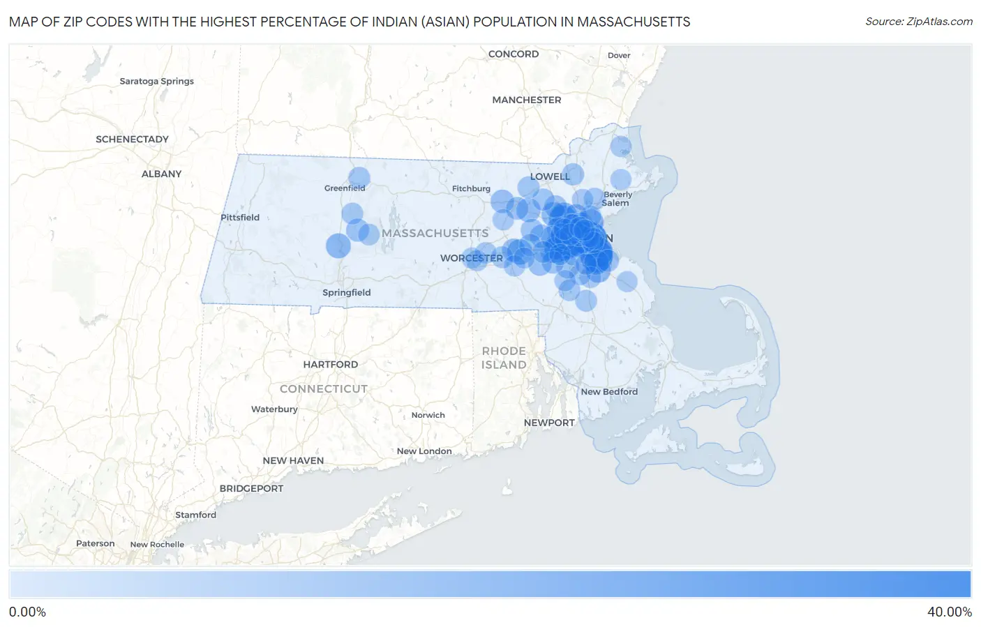 Zip Codes with the Highest Percentage of Indian (Asian) Population in Massachusetts Map