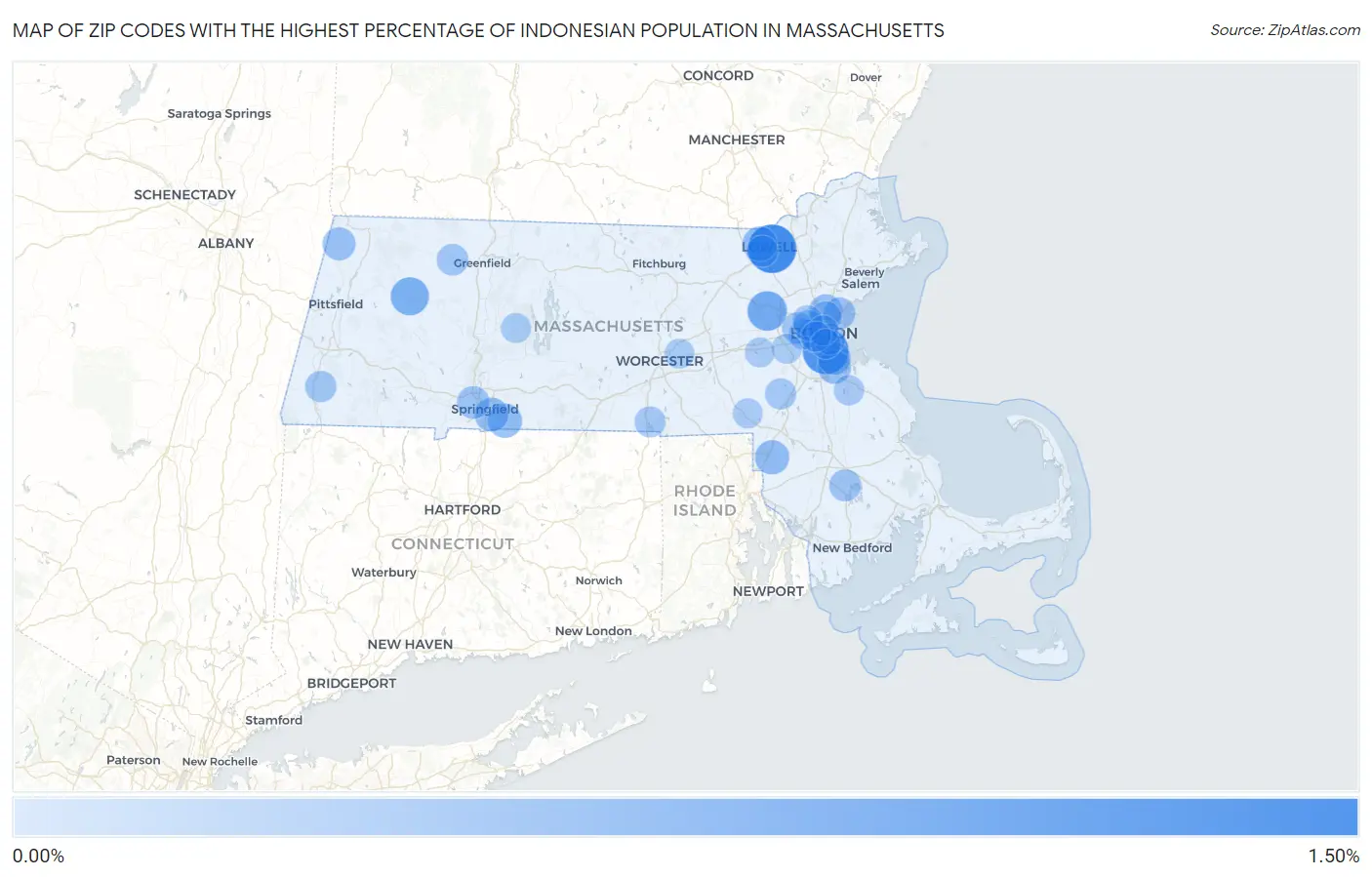 Zip Codes with the Highest Percentage of Indonesian Population in Massachusetts Map
