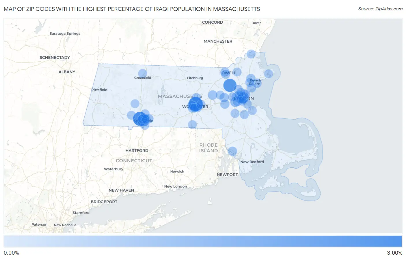 Zip Codes with the Highest Percentage of Iraqi Population in Massachusetts Map