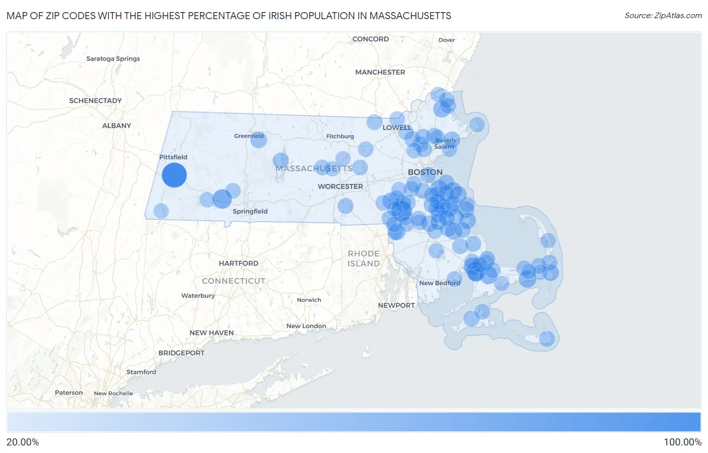 Zip Codes with the Highest Percentage of Irish Population in Massachusetts Map