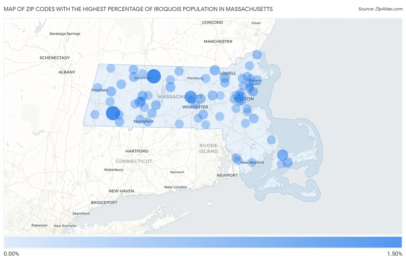 Zip Codes with the Highest Percentage of Iroquois Population in Massachusetts Map