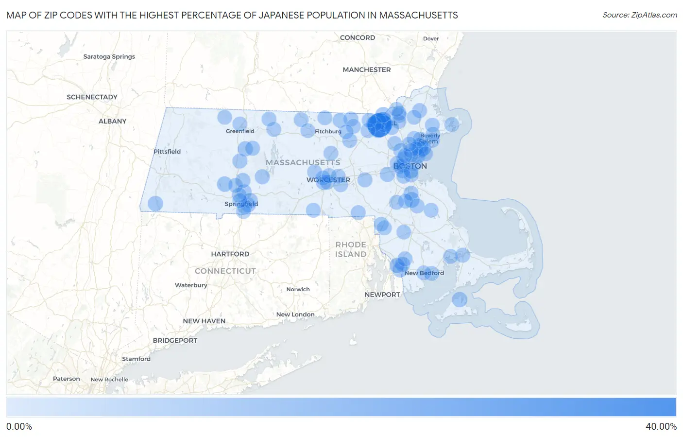 Zip Codes with the Highest Percentage of Japanese Population in Massachusetts Map
