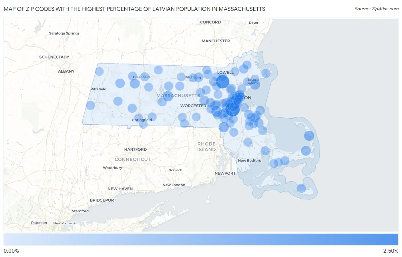 Zip Codes with the Highest Percentage of Latvian Population in Massachusetts Map