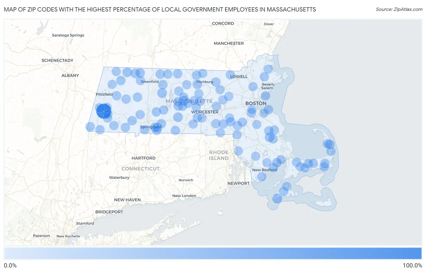 Zip Codes with the Highest Percentage of Local Government Employees in Massachusetts Map