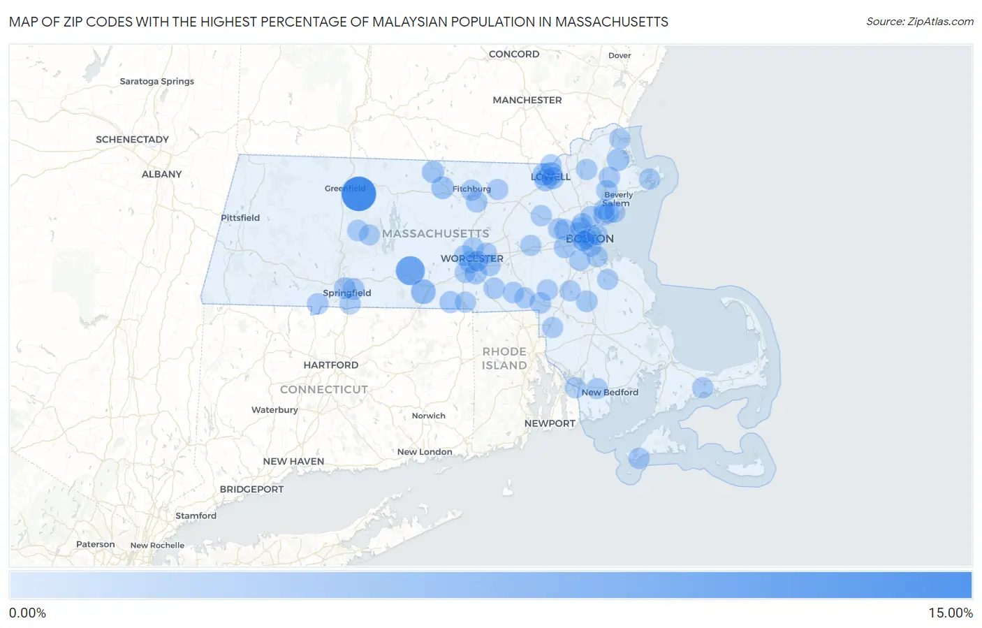 Zip Codes with the Highest Percentage of Malaysian Population in Massachusetts Map