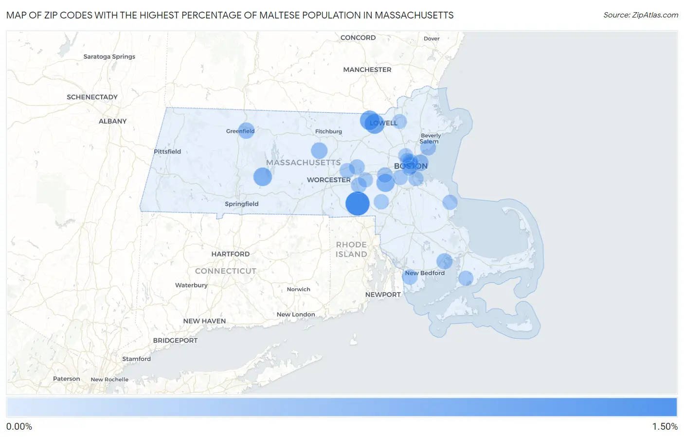 Zip Codes with the Highest Percentage of Maltese Population in Massachusetts Map